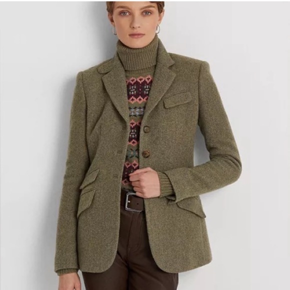Vintage Lauren Ralph Lauren Herringbone Wool Equestrian Horse Button Blazer 14 - Picture 1 of 16